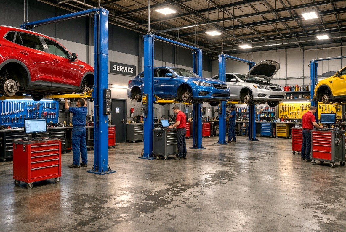 Busy auto repair shop with cars on every lift and technicians at work